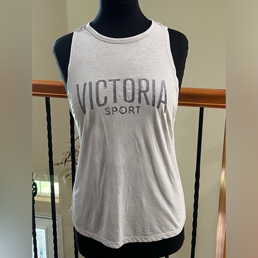VICTORIA SPORT GRAY Open-Back Tank Top WITH GLITTER LOGO GRAPHIC, WOMEN SIZE XS